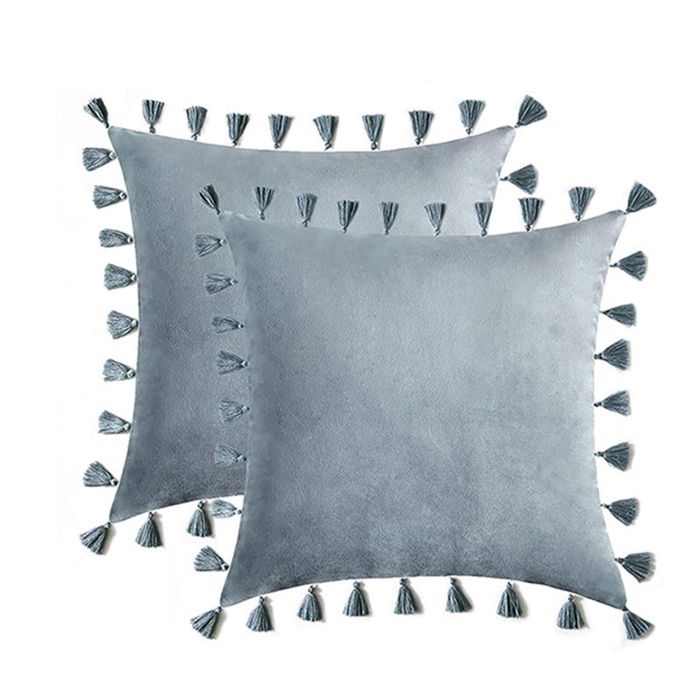Catzon 2 Pcs Boho Velvet Throw Pillow Covers with Tassels for Couch Bed 45X45cm-Water Blue