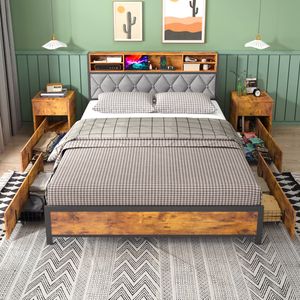 Ufurniture Queen Bed Frame Mattress Base with 4 Drawers and Charging Station Industrial Storage Headboard