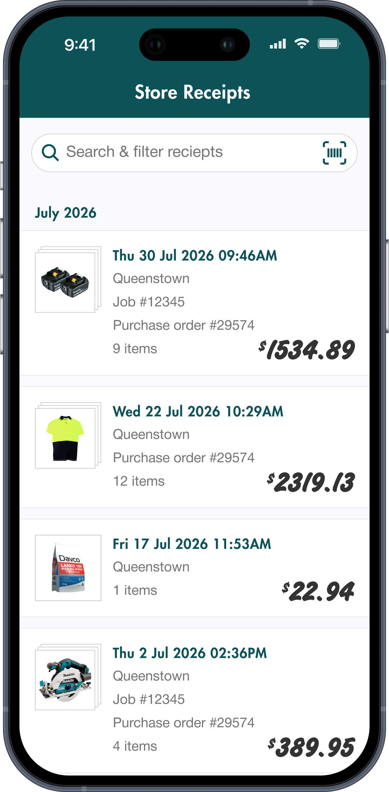 Mobile app screen titled “Store Receipts” showing a searchable list of purchase receipts from July 2026. Four receipt entries display product thumbnails, purchase dates and times, store location (Queenstown), job and purchase order details, item counts, and transaction totals ranging from $22.94 to $1,534.89.