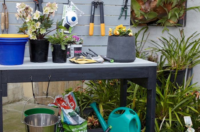 A painted potting bench with plants, garden tools and potting mix