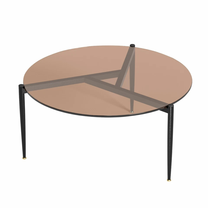P&P Brown Tinted Round Amber Glass Coffee Table With Slim Black Legs & Gold-Tip Feet – Modern Design