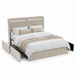 Advwin Bed Frame Double Size With Upholstered Headboard 4 Storage Drawers Charging Station Biege