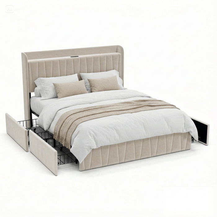Advwin Bed Frame Double Size With Upholstered Headboard 4 Storage Drawers Charging Station Biege
