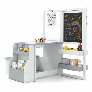 Costway Kid 3in1 Painting Table & Bench Set Art Easel Bookshelf White Grey