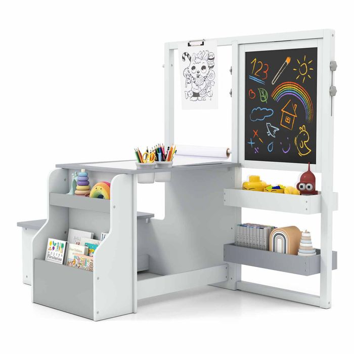 Costway Kid 3in1 Painting Table & Bench Set Art Easel Bookshelf White Grey