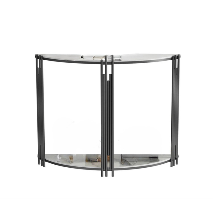 P&P White Half-Moon Semi-Circular Modern Console Table With Marble Top & Vertical Metal Rod Base