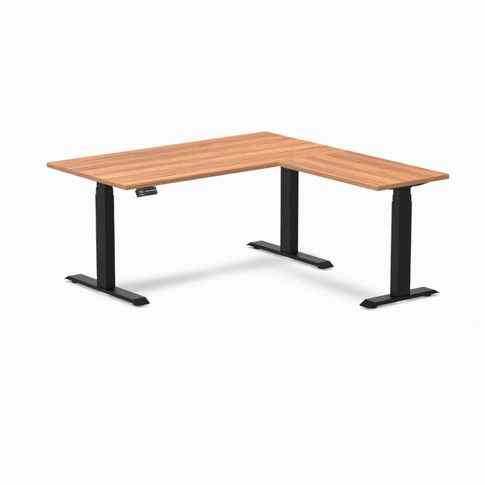 Desky Eco L-shape Sit To Stand Prime Oak Melamine Desk 1500x1550mm Matte Black Height Adjustable Leg