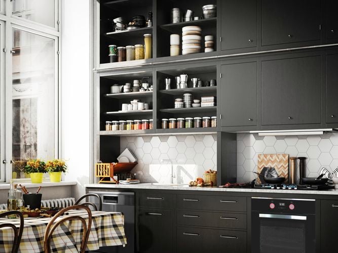 Black and white kitchen with Freestanding/Built In Stainless Steel Dishwasher and Multifunction Oven