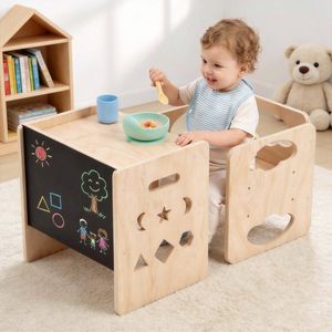 Ufurniture Toddler Table and Chair Set Wooden Kids Seat and Desk Step Stools with Blackboard Montessori Weaning Table Natural