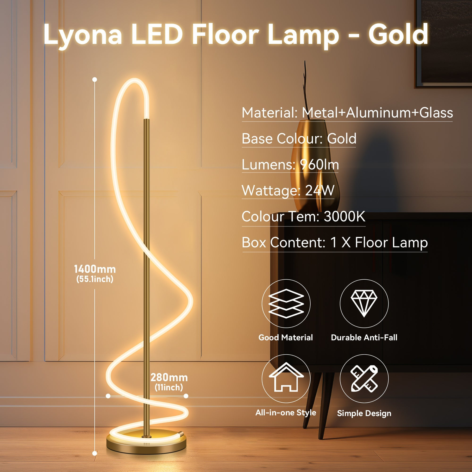 Lexi Lighting Lyona LED Floor Lamp Gold 140 cm Bunnings Australia