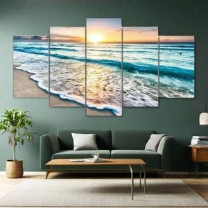 Azure Horizon: 5-panel Multi-depth Sunset Beach Canvas Art Set