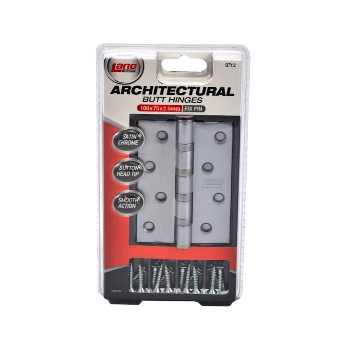 Lane Security Architectural 100 x 75mm Satin Chrome Fixed Pin Butt Hinge - 2 Pack