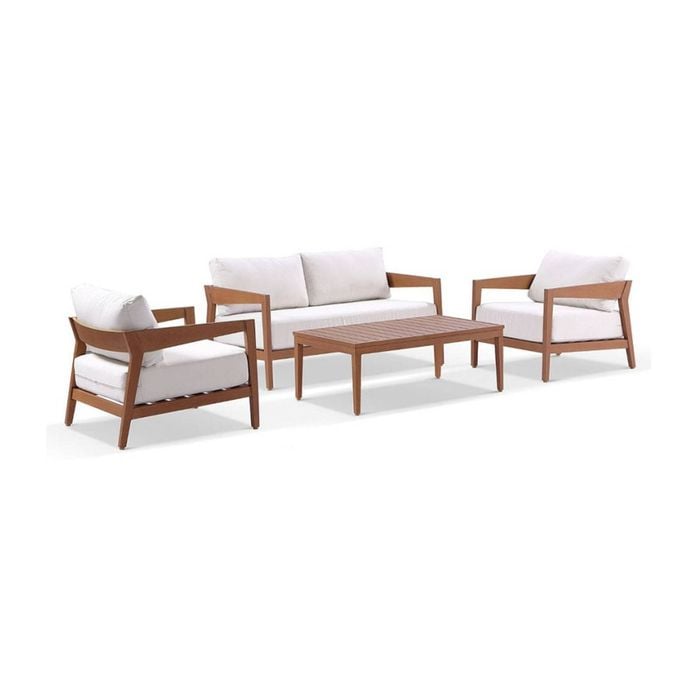Bronte 2+1+1 Outdoor Aluminium Lounge Setting Teak Look With Coffee Table & Sunbrella Canvas Cushions