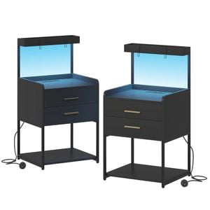 Advwin Bedside Table Set Of 2 With Charging Station And Led Lights 2 Drawers And Open Storage Shelves Black