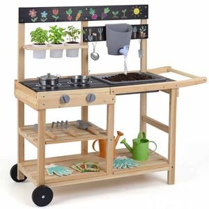 Costway Mud Kitchen w/Wheels Outdoor Fir Wood Play Kitchen