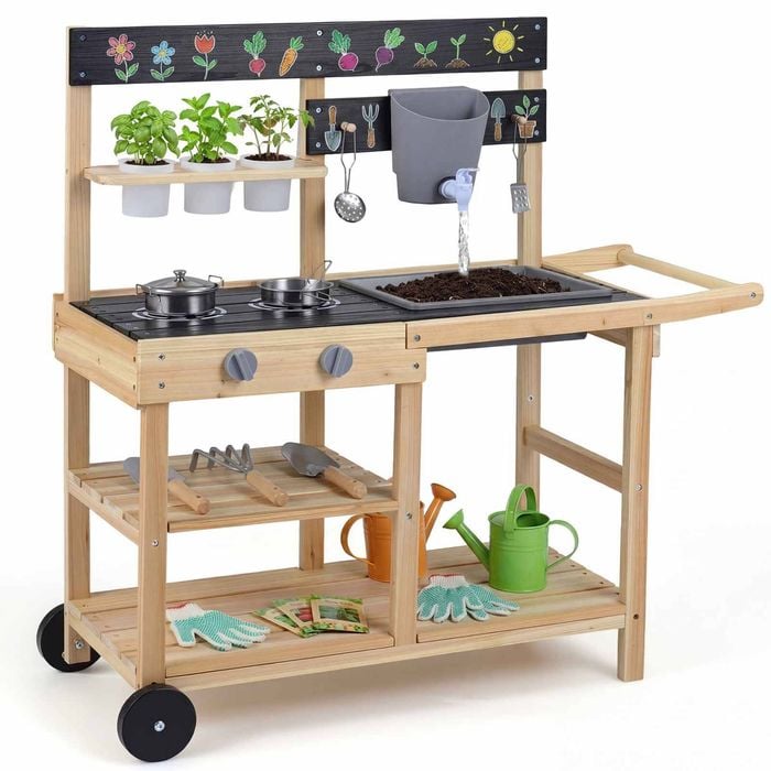 Costway Mud Kitchen w/Wheels Outdoor Fir Wood Play Kitchen