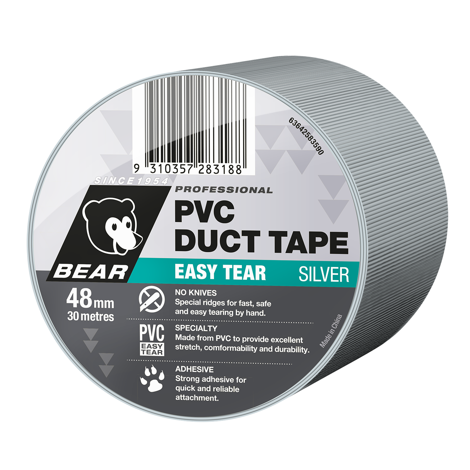 Bear Duct Tape PVC 48mm x 30m Easy Tear Silver product image