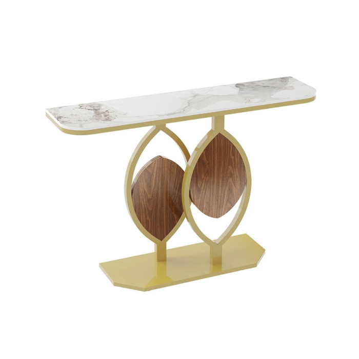 P&P White Gold Art Deco Style Console Table With Marble Top, Gold Frame, And Wooden Accents