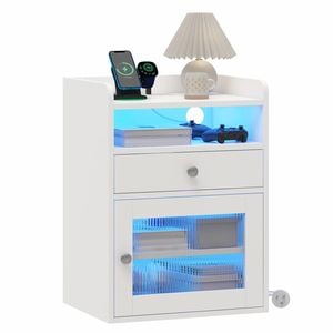 Advwin Bedside Table Acrylic Door With with Charging Station & LED Light, White
