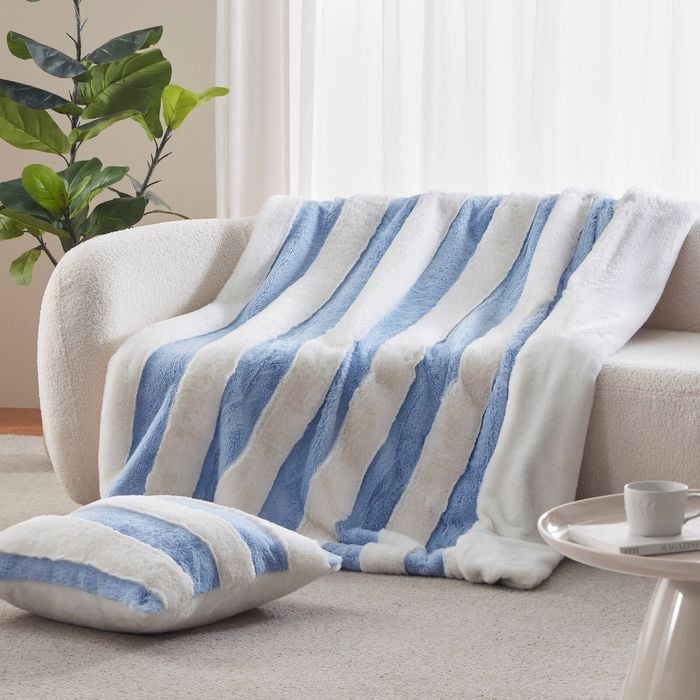 Dreamaker Denver Carved Stripe Faux Fur Throw Sky 130x170cm