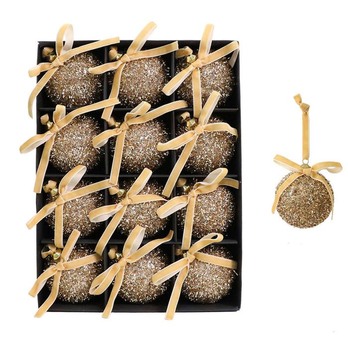 Catzon 12 Pcs Shiny Christmas Ball Ornaments 8CM with Bow for Holiday Wedding Decor-Gold
