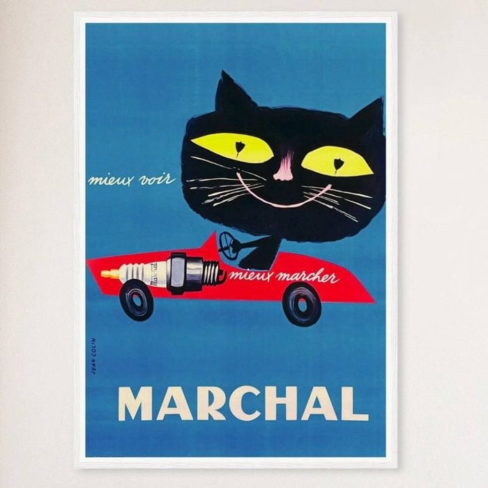 Galrie Marchal Cat Spark Plug Vintage Advertising Poster by Jean Colin - Wall Art, White Frame, A2 42 x 60cm (16 x 24inch)