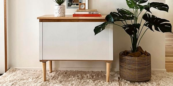 Cabinet sitting in hallway next to plant 
