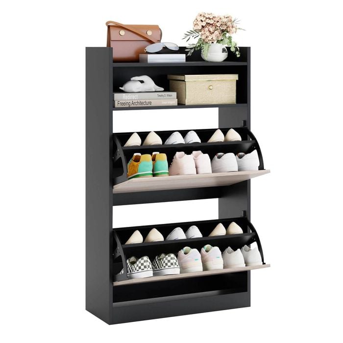 Costway 2 Flip Drawers Shoe Cabinet Storage Slim Hidden Shoe Rack Black