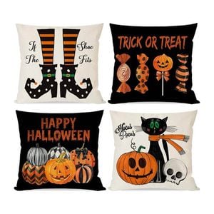 Catzon 4 Pcs Scary Throw Pillow Covers Linen Cushion Case for Decor 50X50cm