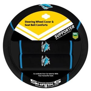 Cronulla Sharks Official Nrl Steering Wheel Cover And Seat Belt Cover Set