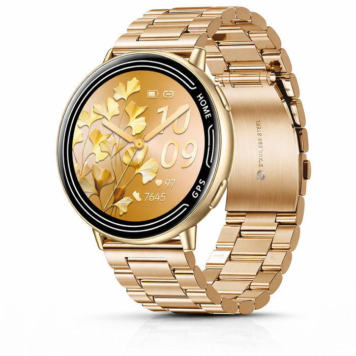 Smart Watch GPS Fitness Tracker Waterproof With Bluetooth Call Heart Rate Monitor Outdoor Sports Steel Gold