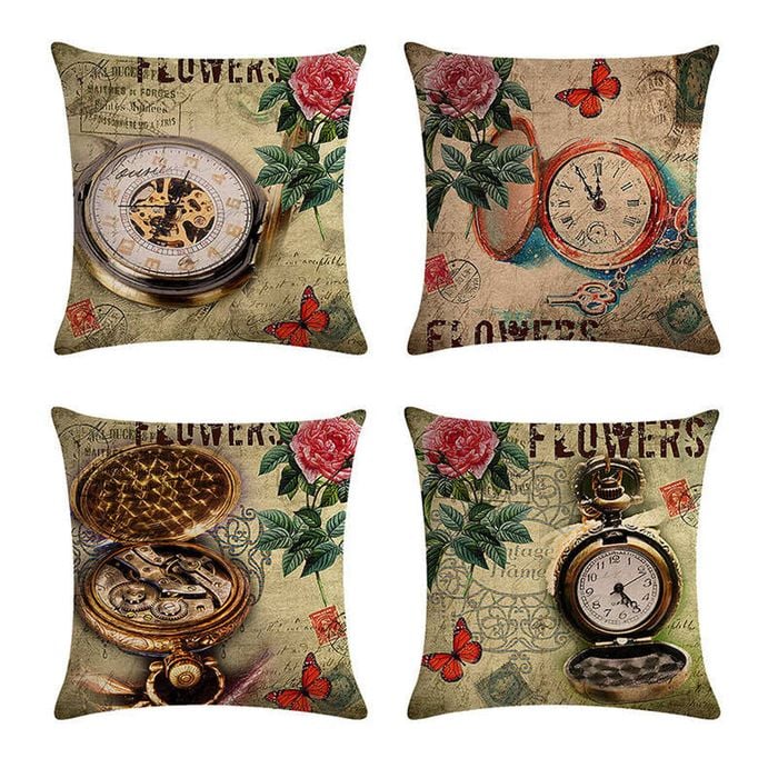 Catzon 4 Pcs Vintage Throw Pillow Covers Square Linen Pillowcase for Couch