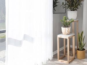 Two potted plants on timber plant stands in a living room