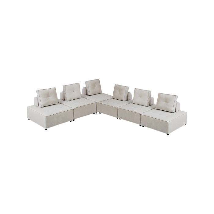 Foret 6pc Armless Seat Modular Extension Ottoman Couch Velvet Fabrics Sofa Beige