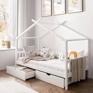Oikiture Kids House Beds with Drawer Storage(White)