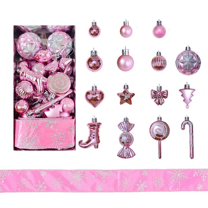 Catzon 30 Pcs Christmas Ball Including Candy Cane Bow Star Hanging Ornaments for Xmas-Pink