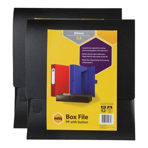 2x Marbig Pp A4 60mm Box File W/button Document Paper/stationery Organiser Black