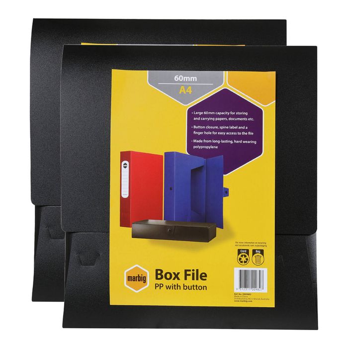 2x Marbig Pp A4 60mm Box File W/button Document Paper/stationery Organiser Black