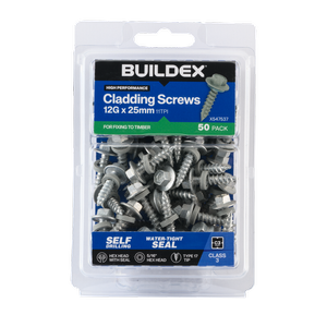 Buildex 12G x 25mm Class 3 Cladding Screws with Seal - 50 Pack