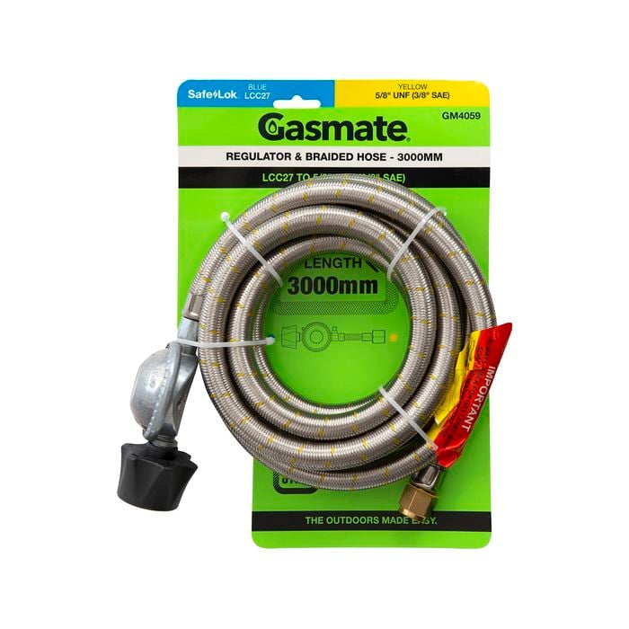 Gasmate Regulator & Braided Hose - 3000mm - LCC27 to 5/8" UNF (3/8" SAE)