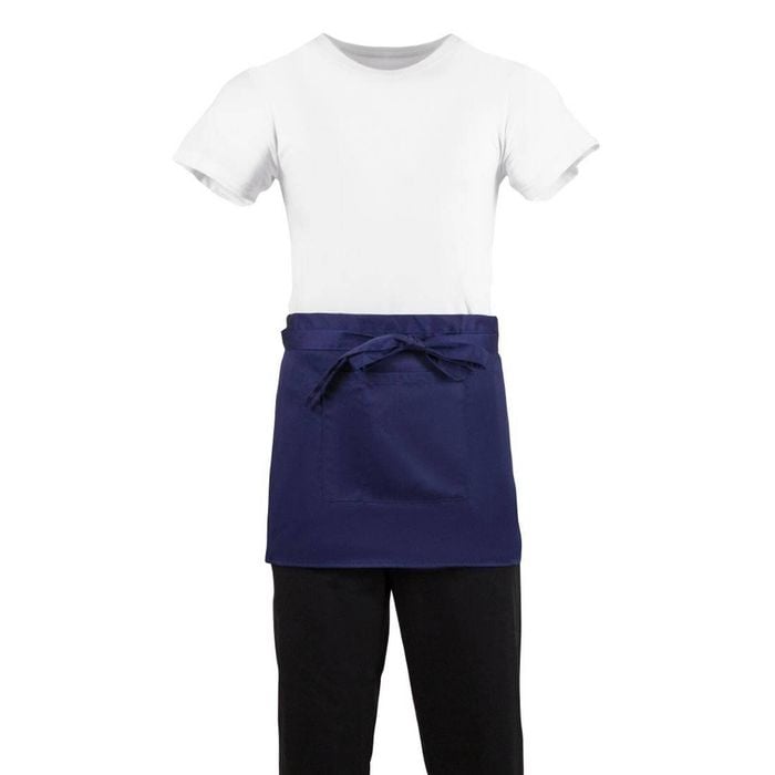Whites Short Bistro Apron Polycotton Front Pocket Navy Blue 750x373mm Hospitality Waiter Service