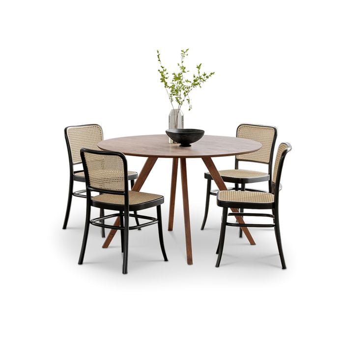 Milari 5 PCE Round 120cm Walnut Dining Set with Black Rattan Bentwood Chairs