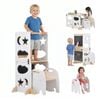 Advwin 4-in-1 Toddler Kitchen Step Stool Helper w/ Double Blackboard & Safety Rail Foldable Standing Learning Tower White