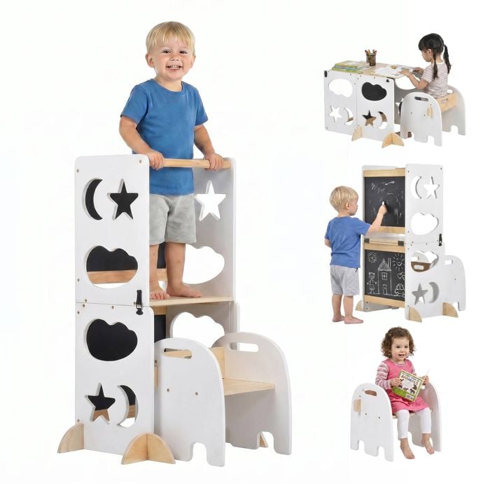 Advwin 4-in-1 Toddler Kitchen Step Stool Helper w/ Double Blackboard & Safety Rail Foldable Standing Learning Tower White