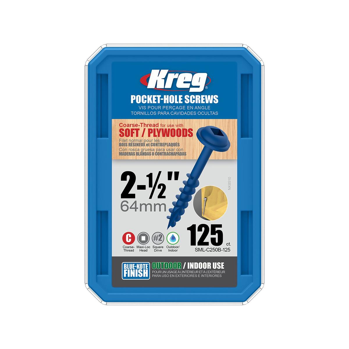 Kreg 64mm Blue-Kote MaxiLoc Head Heavy Duty Coarse Thread Pocket-Hole ...