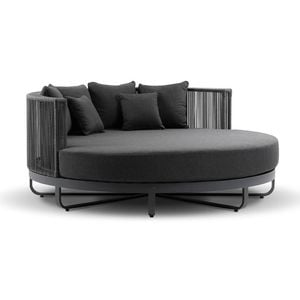 Cannes Large 2m Outdoor Round Aluminium And Rope Daybed Charcoal & Denim Grey Cushions