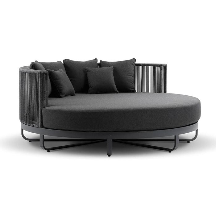 Cannes Large 2m Outdoor Round Aluminium And Rope Daybed Charcoal & Denim Grey Cushions