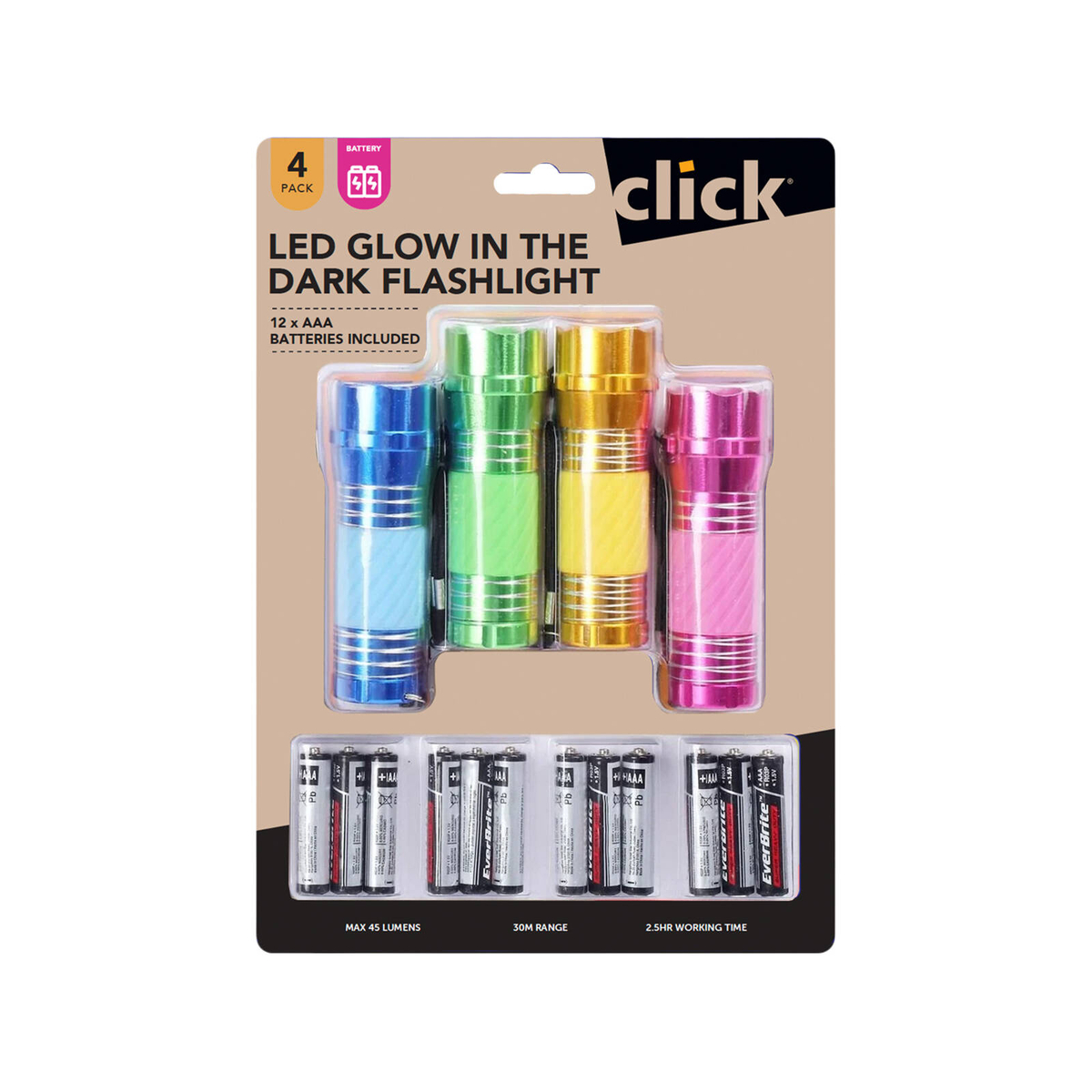 Click Glow In Dark Flashlight - 4 Pack - Bunnings Australia
