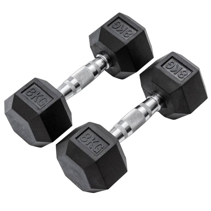 METEOR 8kg Pair Rubber Hex Dumbbells