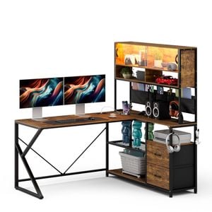 Ufurniture 155cm LED L Shape Gaming Desk w/ Power Outlet Reversible Corner Computer Desk w/ Bookshelf & Drawer